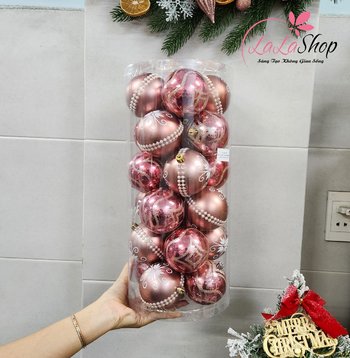 Hộp 24 Quả Châu Màu Hồng 8cm Trang Trí Noel