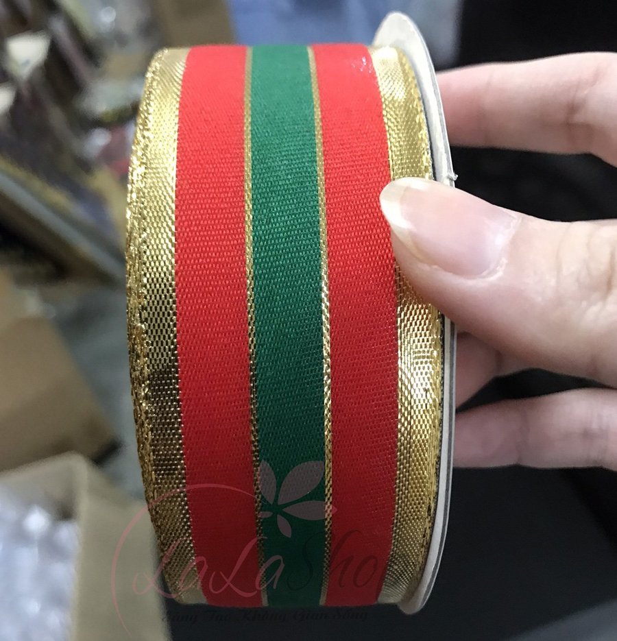 10m ruy băng sọc 3 màu 4cm phụ kiện trang trí cây thông noel cao cấp