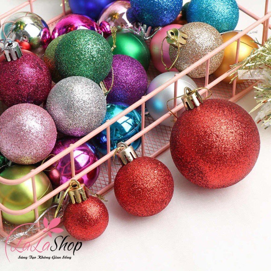 Đồ trang trí noel 6 quả châu kim tuyến nhiều màu