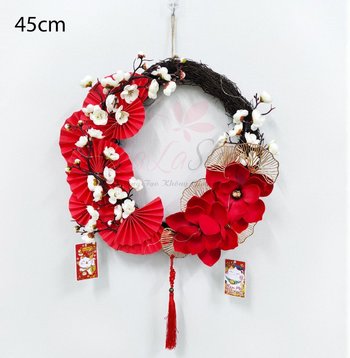 Vòng hoa trang trí tết 45cm hoa mộc lan may mắn kèm đèn led