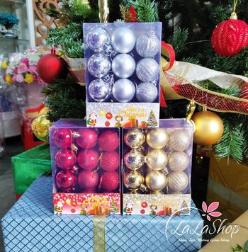 Hộp 24 Quả Châu 4cm 3 Loại Châu Trang Trí Noel