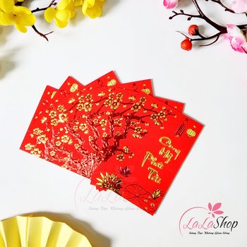 Combo 6 Bao Lì Xì Tết In Nổi 3D Màu Đỏ Hoa Mai Cung Hỷ Phát Tài