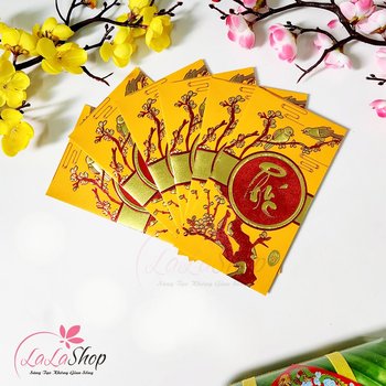 Combo 6 Bao Lì Xì In Nổi 3D Màu Vàng Cành Mai Chữ Phúc