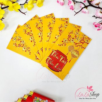 Combo 6 Bao Lì Xì In Nổi 3D Màu Vàng Cành Mai Tấn Tài Tấn Lộc