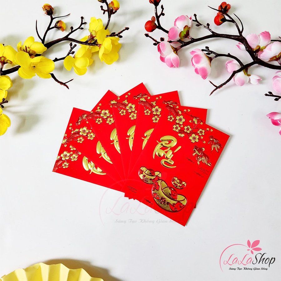 Combo 6 Bao Lì Xì Tết Mèo Thần Tài In Nổi 3D Chữ Phúc