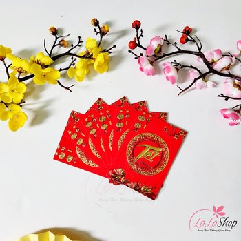 Combo 6 Bao Lì Xì Tết In Nổi 3D Màu Đỏ Chữ Tết