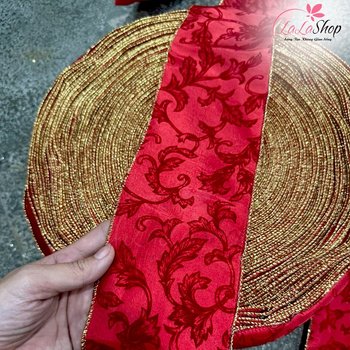 Cuộn Ruy Băng 10 Mét Màu Đỏ Hoa Văn Lá Nhung