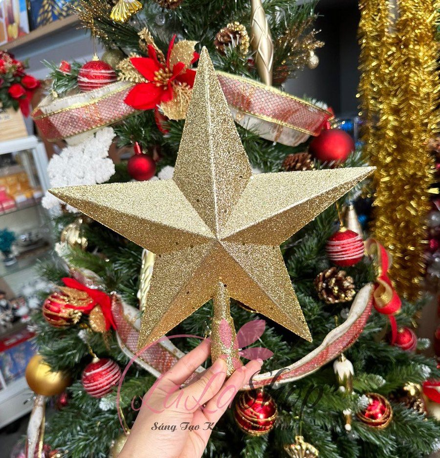 Ngôi sao đỉnh vàng phủ kim tuyến 30cm trang trí trên cây thông noel