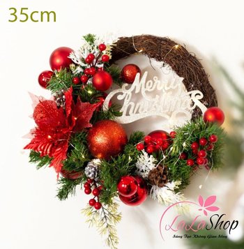 Vòng Nguyệt Quế 35cm quả châu bươm bướm merry christmas sắc đỏ trang trí noel có đèn led