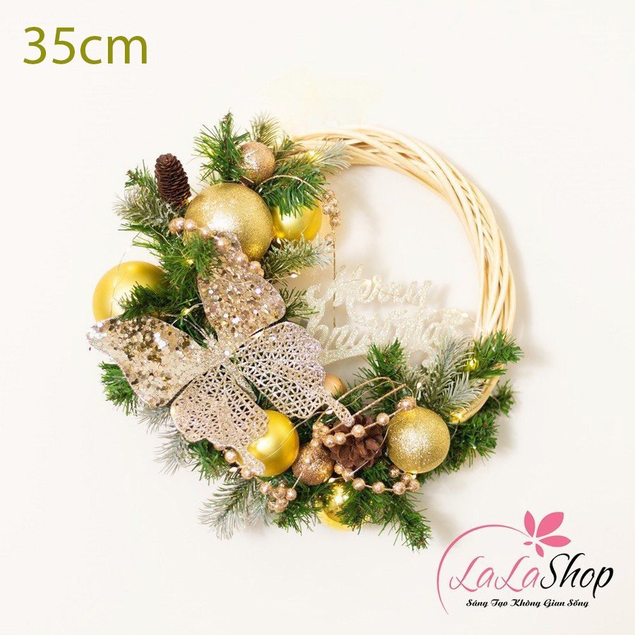 Vòng Nguyệt Quế 35cm quả châu bươm bướm merry christmas trang trí noel có đèn led