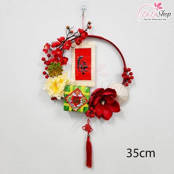 Vòng hoa 35cm trang trí tết sắc đỏ chữ lộc bánh chưng xanh