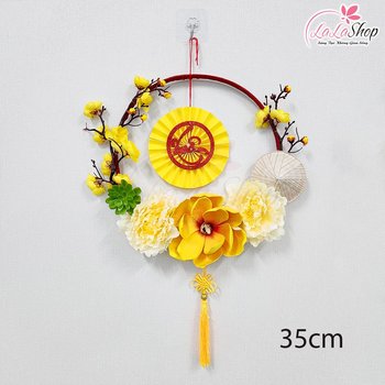 Vòng hoa 35cm trang trí tết sắc vàng nón lá chữ xuân