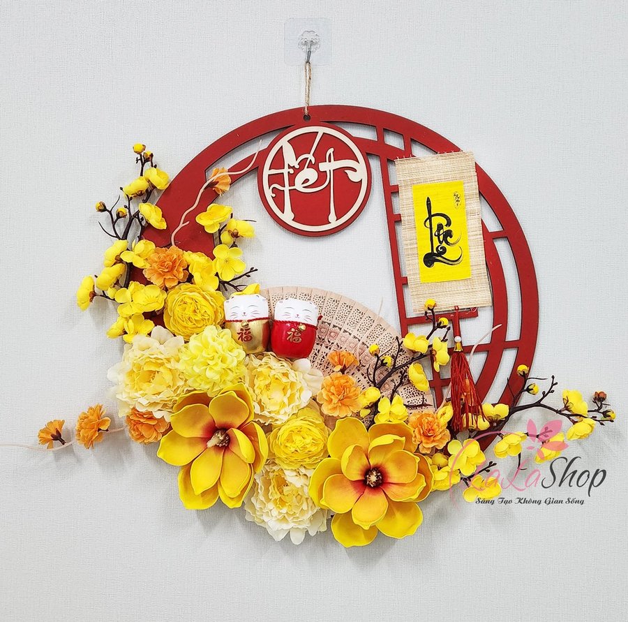 Vòng hoa 45cm trang trí tết sắc vàng chữ tết