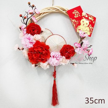 Vòng Hoa Trang Trí Tết Hoa Mẫu Đơn Hoa Đào Kèm Đèn 35cm