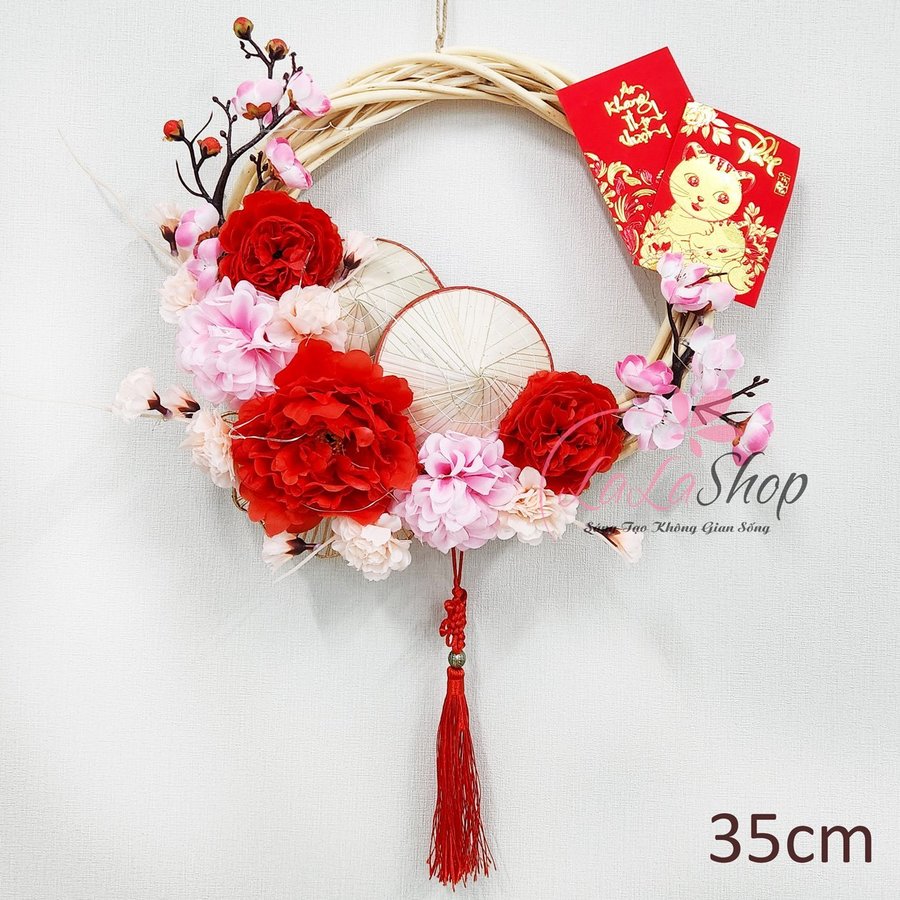 Vòng Hoa Trang Trí Tết Hoa Mẫu Đơn Hoa Đào Kèm Đèn 35cm