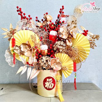 Chậu hoa đào đông đỏ tài lộc sắc vàng trang trí tết mẫu 4