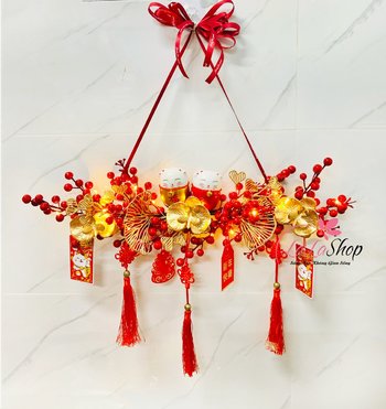 Dây đào đông treo cửa mèo thần tài trang trí tết