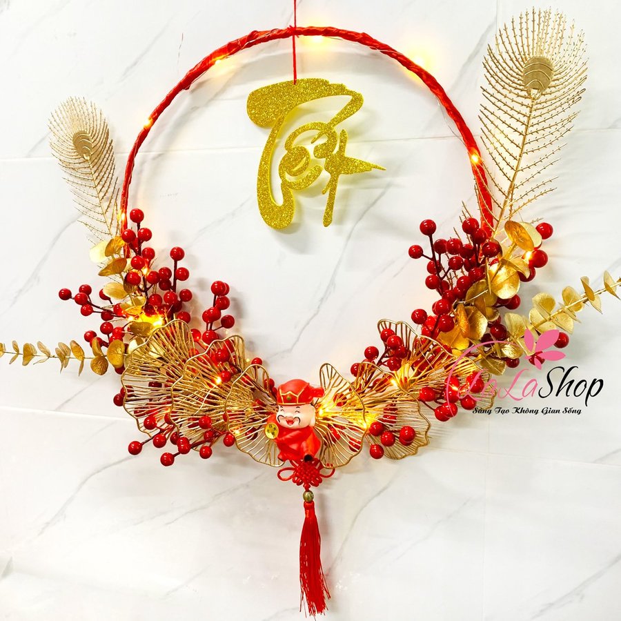 Vòng hoa treo cửa tết đào đông tài lộc trang trí tết