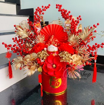 Bình hoa để bàn đào đông đón tài lộc năm mới trang trí tết