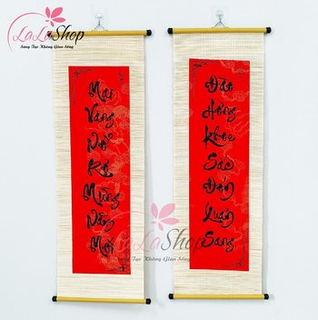 Combo Cặp Liễn Mành Câu Đối Đỏ Mai Vàng Nở Rộ Mừng Năm Mới - Đào Hồng Khoe Sắc Đón Xuân Sang Mẫu 2
