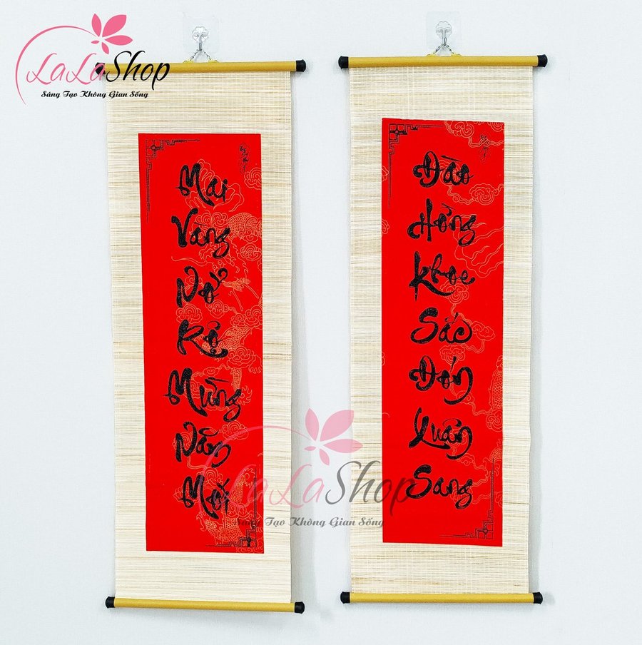 Combo Cặp Liễn Mành Câu Đối Đỏ Mai Vàng Nở Rộ Mừng Năm Mới - Đào Hồng Khoe Sắc Đón Xuân Sang Mẫu 2