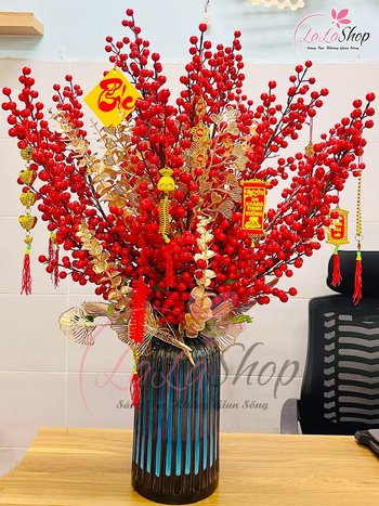 Bình hoa đào đông tài lộc để bàn lớn kèm phụ kiện treo trang trí tết