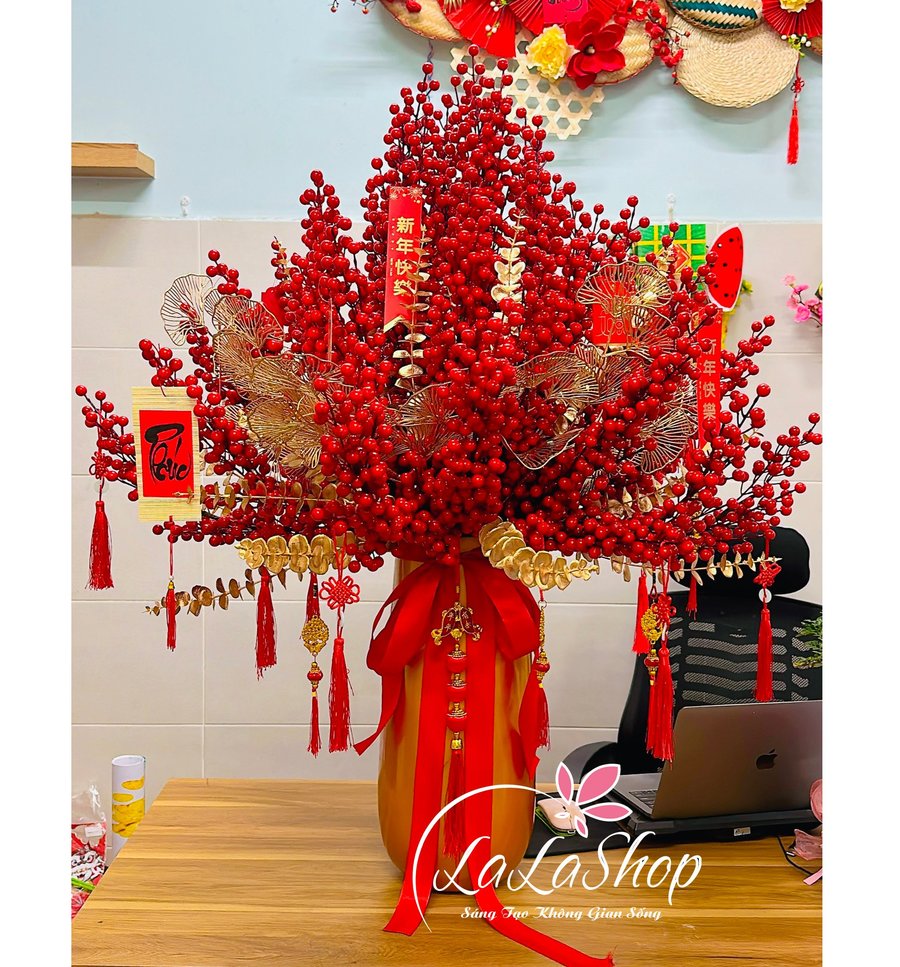 Bình đào đông sắc đỏ tài lộc để bàn siêu lớn kèm phụ kiện treo trang trí tết