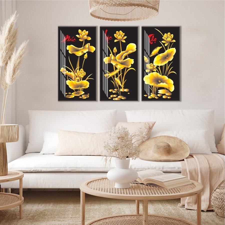 Tranh Treo Tường 3 Tấm Phúc Lộc Thọ Vàng