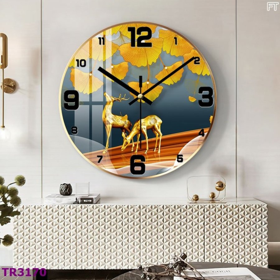 Đồng Hồ Treo Tường Hươu Vàng Và Lá Rẻ Quạt TR3170