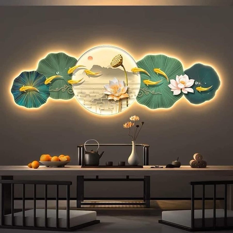 Tranh Đèn Led Tráng Gương Pha Lê Cá Chép Và Hoa Sen