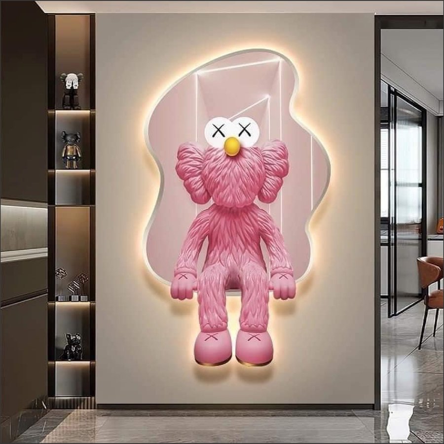 Tranh Đèn Led Tráng Gương Pha Lê Gấu Kaws Hồng