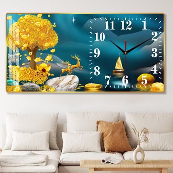 Tranh Đồng Hồ Treo Tường UV Pha Lê Bóng Đôi Hươu Và Cây Tiền Vàng