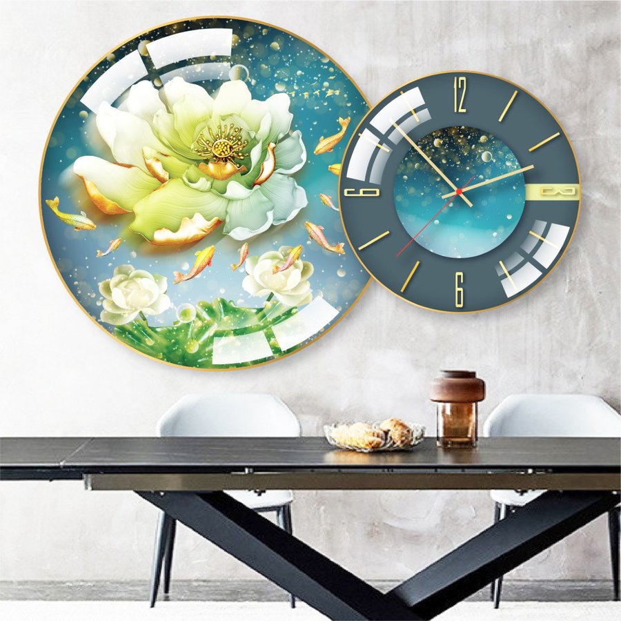 Tranh Đồng Hồ Treo Tường UV Pha Lê Bóng Cửu Ngư Quần Hội