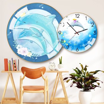 Tranh Đồng Hồ Treo Tường UV Pha Lê Bóng Cá Heo Xanh