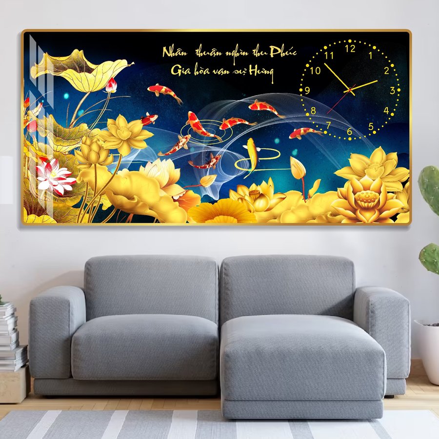 Tranh Đồng Hồ Tráng Gương Pha Lê Cá Chép Và Hoa Sen
