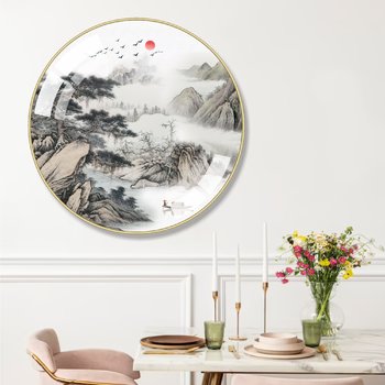 Tranh tròn tráng gương phòng khách phong cảnh thủy mặc sơn nước