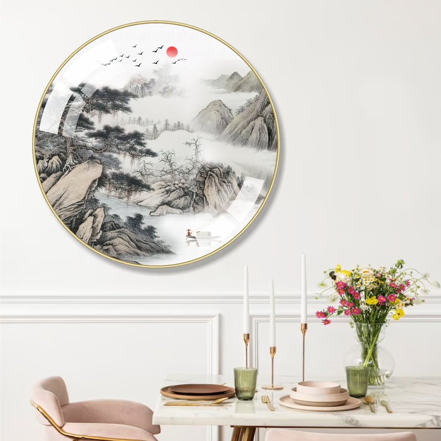 Tranh tròn tráng gương phòng khách phong cảnh thủy mặc sơn nước
