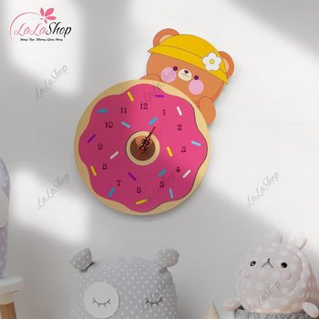 Đồng Hồ Gỗ Treo Tường Chú Gấu và Chiếc Bánh Donut
