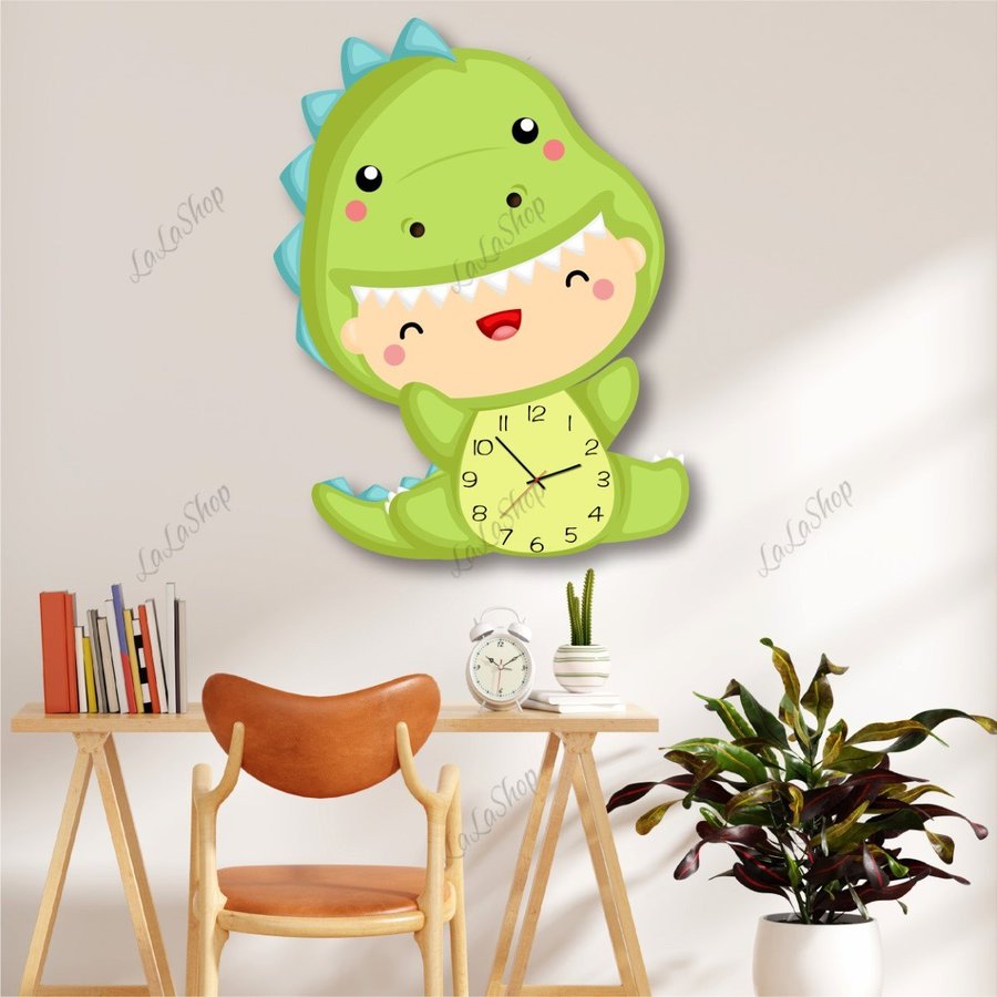 Đồng Hồ Gỗ Treo Tường Hình Bé Khủng Long Xanh