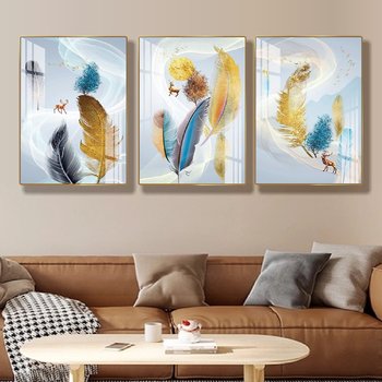 Tranh Treo Tường 3 Tấm Lông Vũ Và Hươu Vàng Nghệ Thuật