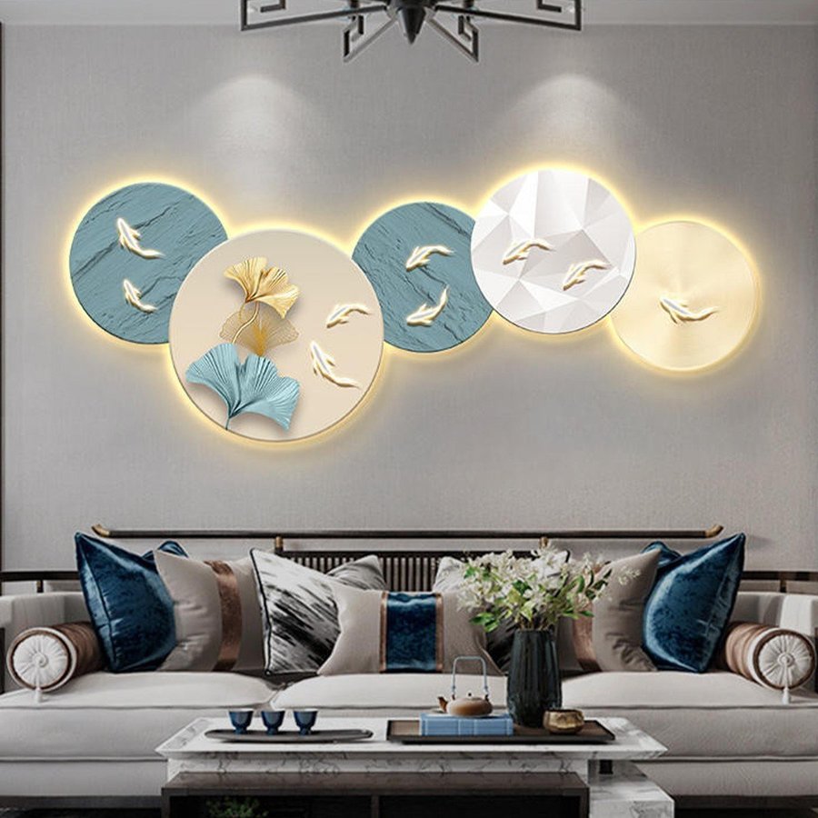 Tranh đèn led tráng gương pha lê uv cá chép và lá rẻ quạt