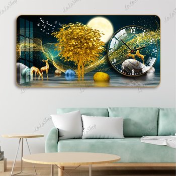 Tranh Đồng Hồ Nổi 3D Đôi Hươu Và Cây Vàng Tài Lộc