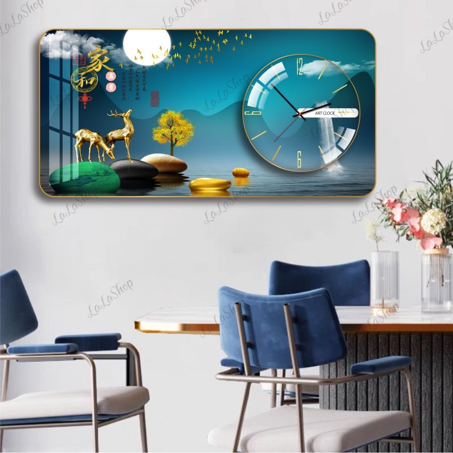 Tranh Đồng Hồ Nổi 3D Hươu Vàng Ngắm Trăng