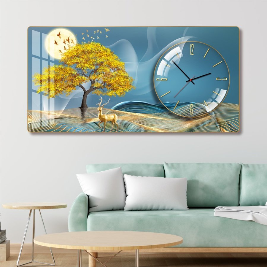 Tranh Đồng Hồ Nổi 3D Hươu Vàng Tài Lộc