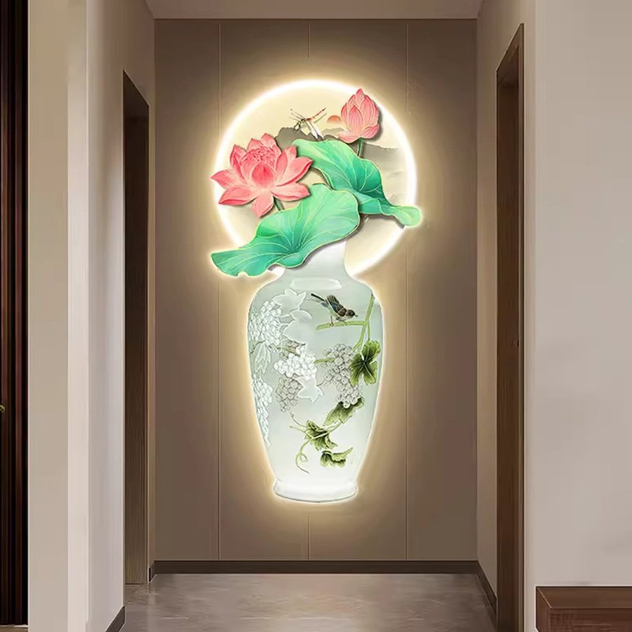 Tranh Đèn Led Tráng Gương Pha Lê Uv Bình Hoa Sen