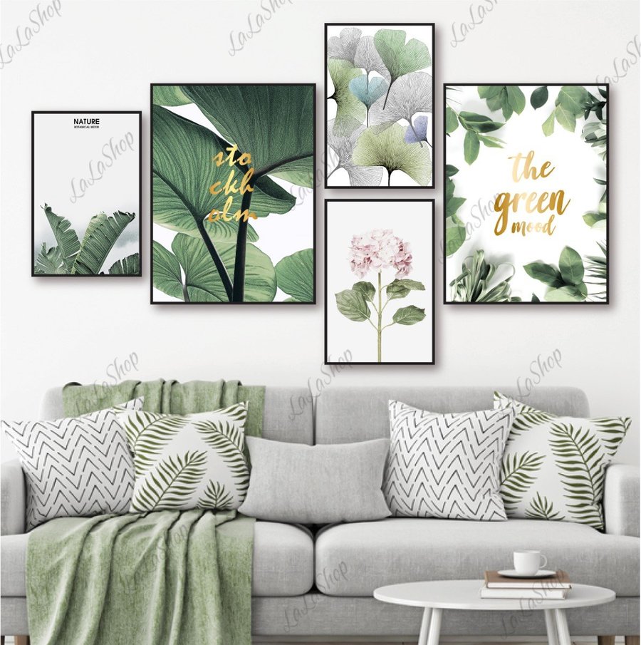 Set 5 Tranh Dán Tường Lá Xanh Nghệ Thuật Mẫu 02 Có Keo Sẵn