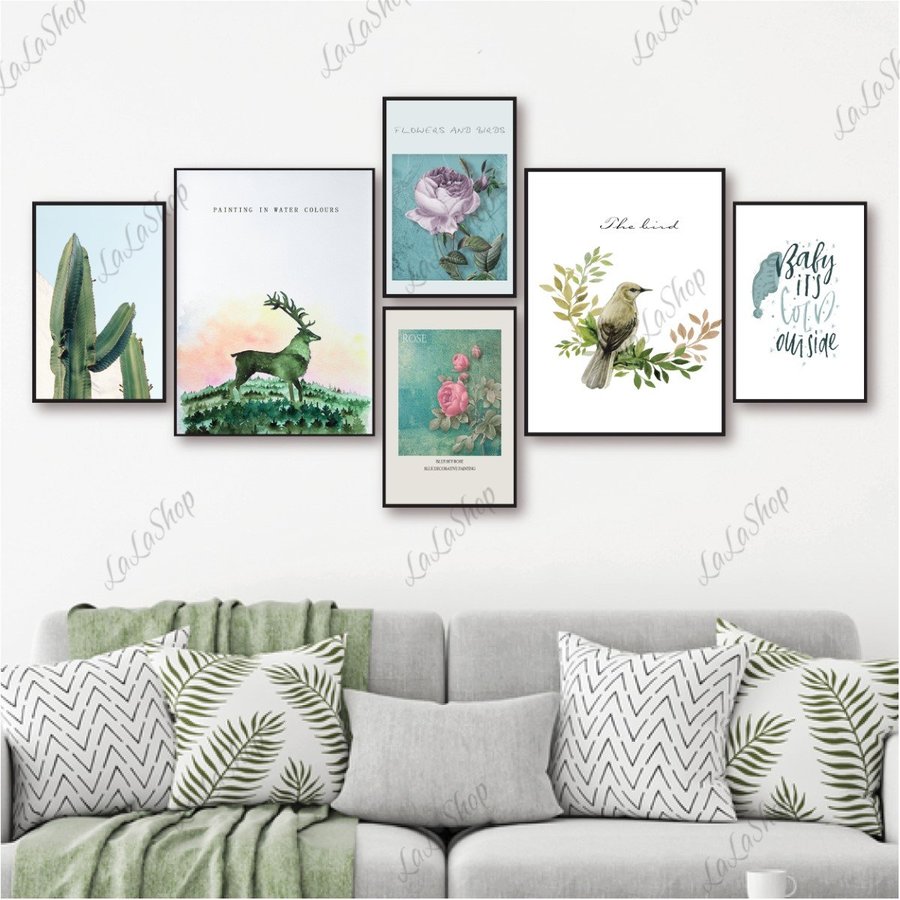 Set 6 Tranh Dán Tường Cây Xương Rồng Hươu Chim Và Hoa Có Keo Sẵn