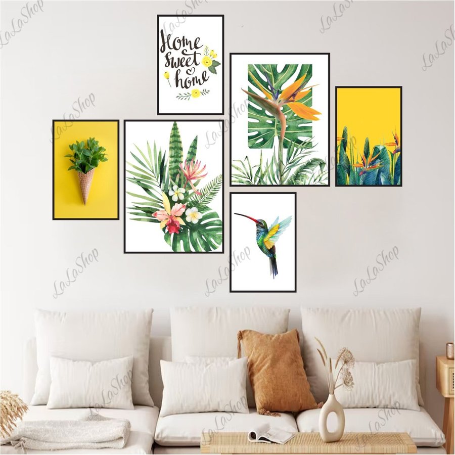 Set 6 Tranh Dán Tường Hoa Lá Chim Nghệ Thuật Có Keo Sẵn