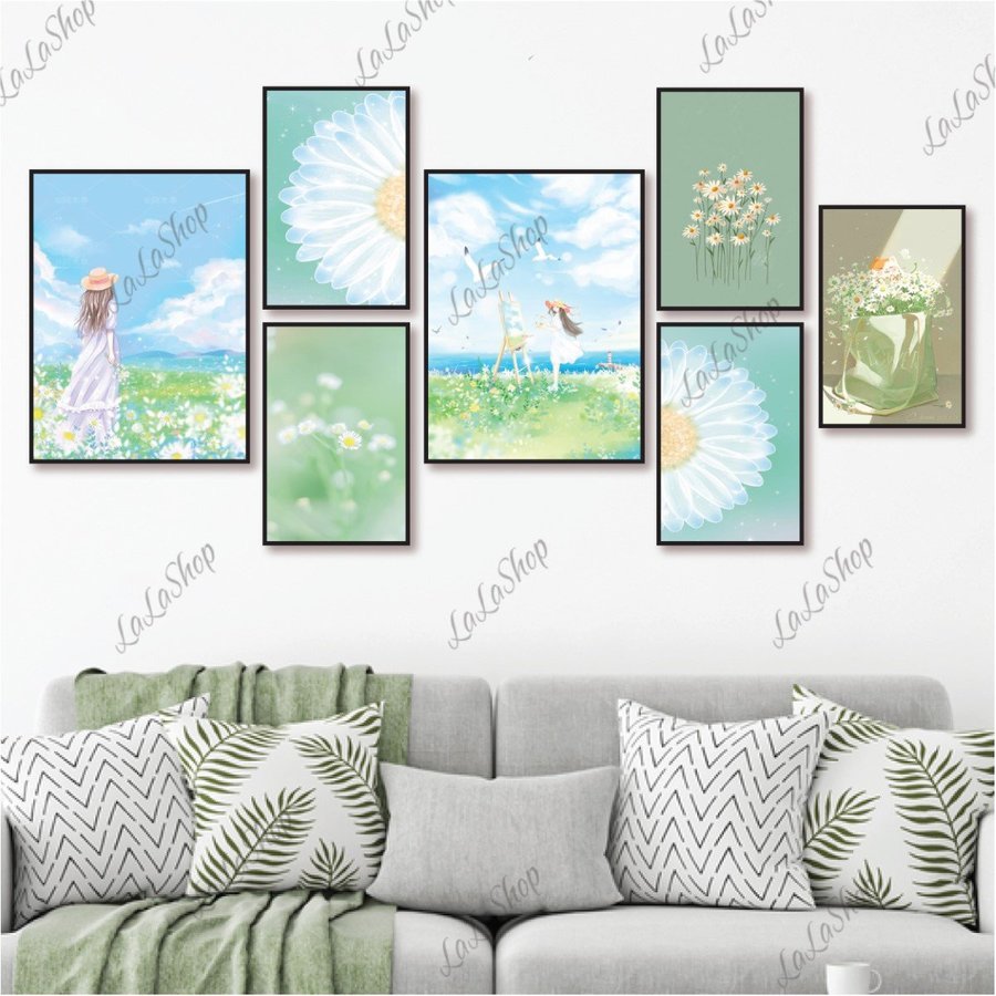 Set 7 Tranh Dán Tường Cô Gái Và Hoa Cúc lãng mạn