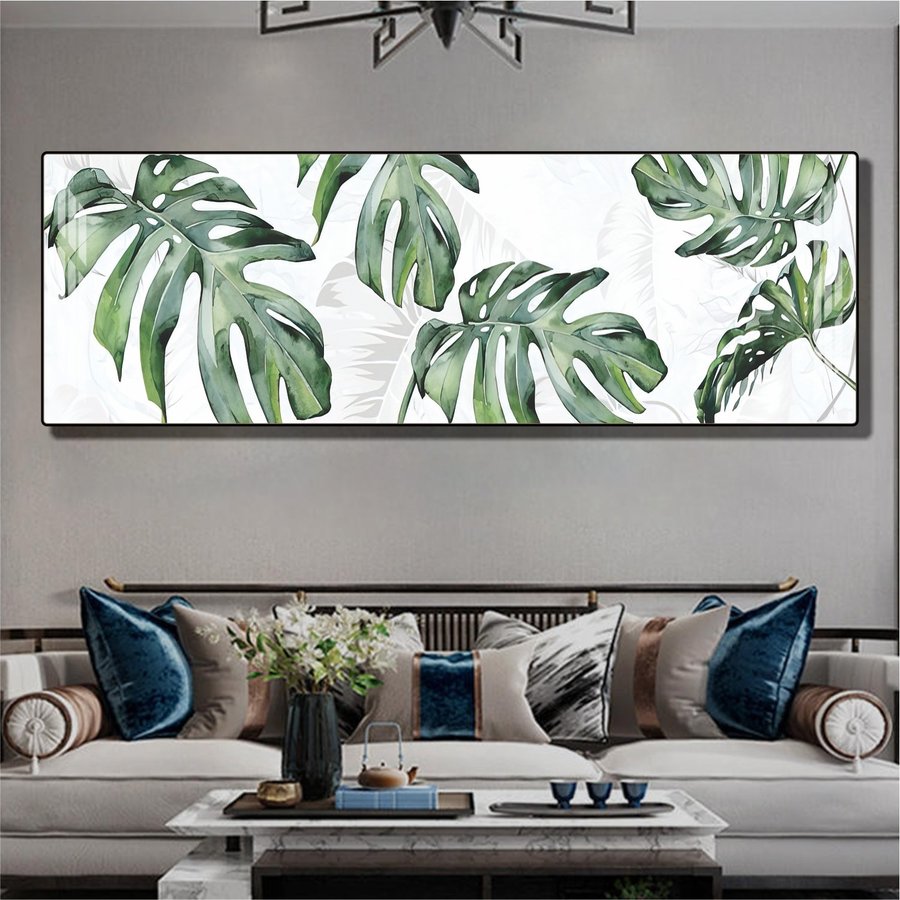 Tranh treo tường lá xanh trang trí phòng khách vintage xanh mát